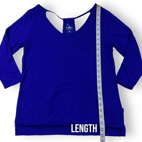 soho New York & Co Jeans WOMENS SMALL Blue 3/4 Sleeve Covered Strap-Back Top NEW - Picture 6 of 16